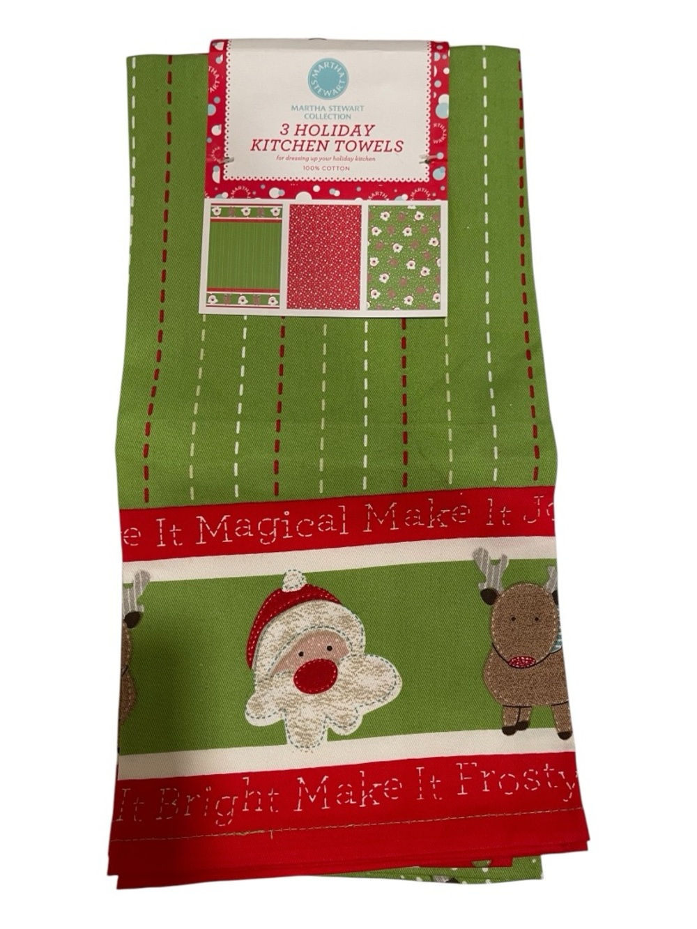 Martha Stewart Green & Red Holiday Kitchen Towels - Festive Santa & Reindeer Set